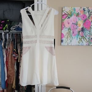 BCBG Cream A-Line V-Neck Dress with Lace Inset